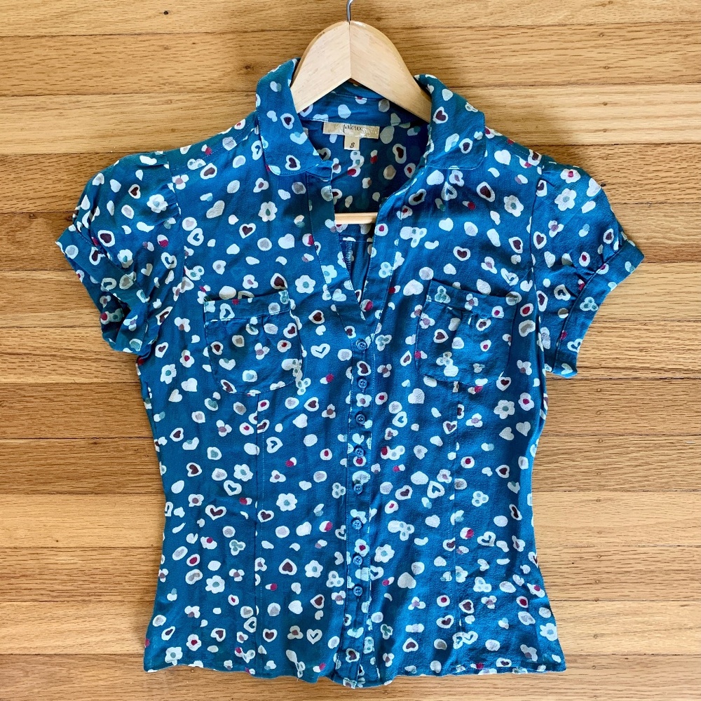 Jaloux S summer teal- multi-color blouse size S (could fit an XS)